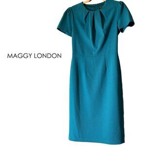 Maggy London Teal Midi Sheath Dress Size 2 Pleated Neck Short Sleeve Career Work